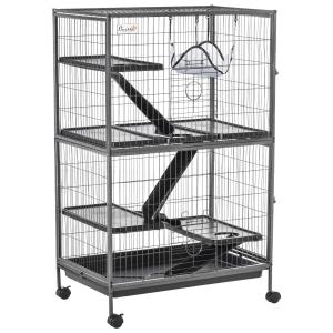 PawHut Jaula Grande para Roedores 80x52x128 cm Casa de 4 Alturas con Rampas Hamaca Colgante Bandeja Extraíble Ruedas Puertas Gris Plateado
