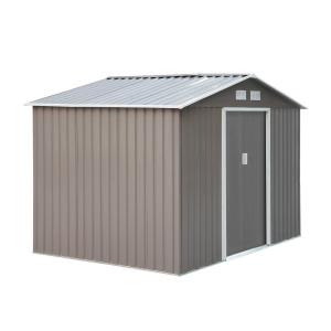 Outsunny 9 x 6FT Outdoor Garden Roofed Metal Storage Shed Tool Box with Foundation Ventilation & Doors Grey