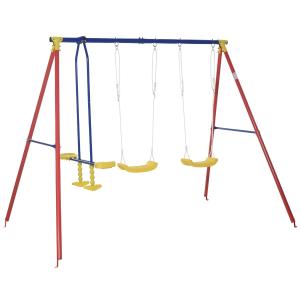 Outsunny Metal Swing Set with 2 Seats Glider A-Frame Stand Adjustable Hanging Rope for Backyard Playground Outdoor Playset for Kid Age 3-5 Years Old 352lbs