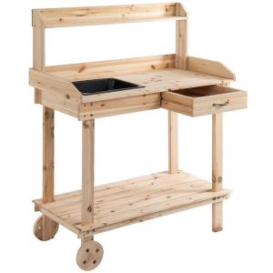 Outsunny Wooden Potting Bench Work Table with 2 Removable Wheels, Sink, Drawer & Large Storage Spaces, 92x45x119cm
