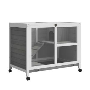 PawHut Wooden Rabbit Hutch Guinea Pigs House Bunny Small Animal Cage W/ Pull-out Tray Openable Roof Wheels 91.5 x 53.3 x 73 cm