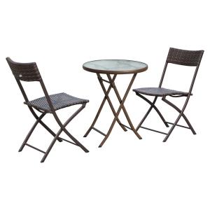 Outsunny 3PC Rattan Bistro Set 2 Folding Rattan Chair Glass Topped Coffee Table Garden Patio Balcony Outdoor Wicker Furniture - Brown