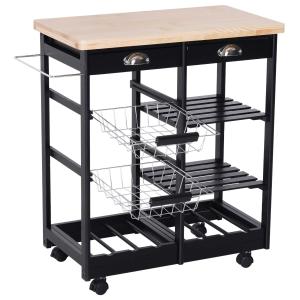 HOMCOM Wood/Steel Rolling Kitchen Island Trolley Serving Cart with Drawer Shelves Basket