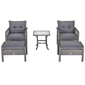 Outsunny 5-Piece Outdoor PE Rattan Wicker Patio All Weather Conversation Sofa Furniture Set with 2 Cushioned Armchair, 2 Ottomans and Coffee Table, Grey