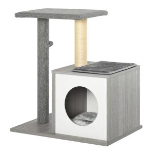 PawHut Cat Tree Condo with Natural Sisal Rope Scratching Post for Pets Multi-level Cat Tree Activity Center for Kittens Cat Tower Furniture Grey