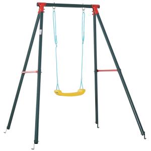 Outsunny Metal Swing Set with Adjustable Rope Heavy Duty A-Frame Stand Backyard Outdoor Playset for Kids Fun 6-12 Years Old Green