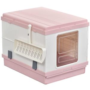 PawHut Cat Litter Box 54 x 43 x 42cm Foldable Full Enclosed Odor Control Handle Indoor Outdoor White and Pink ABS