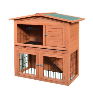 PawHut 2 Tier Wooden Rabbit Hutch Guinea Pig Ferret House Small Animal Cage with Ramp Slide Out Tray 100.5 x 55 x 101 cm