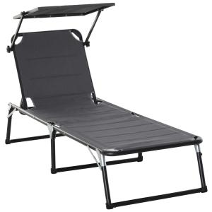 Outsunny Foldable Reclining Sun Lounger with Canopy Lounge Chair Camping Folding Bed Cot 5-Position Adjustable Back for Patio Garden Beach Pool Grey