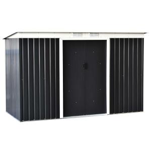 Outsunny 9ft x 4.25ft Corrugated Garden Metal Storage Shed Outdoor Equipment Tool Box with Foundation Ventilation & Doors Dark Grey