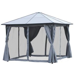 Outsunny 3 x 3m Garden Aluminium Gazebo Hardtop Roof Canopy Marquee Party Tent Patio Outdoor Shelter with Mesh Curtains & Side Walls - Grey