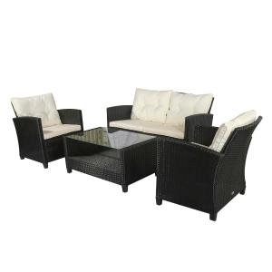 Outsunny 4 PCS Outdoor Patio Furniture Sets All Weather PE Rattan Chair set Indoor Outdoor Backyard Garden Coffee Table with Cushions Cream White