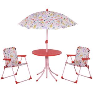 Outsunny Kids Folding Picnic Table and Chair Set Rabbit Pattern Outdoor Garden Patio Backyard with Removable & Height Adjustable Sun Umbrella