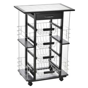 HOMCOM 4-Tier Kitchen Trolley Cart on Rolling Wheels with 4 Removable Baskets, 4 Side Rack Organizer,Ceramics Tile Top