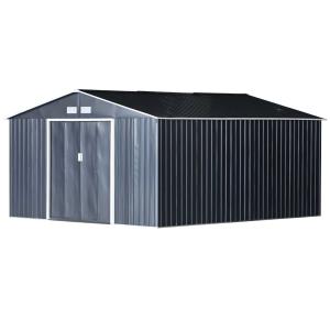 Outsunny 13 x 11ft Outdoor Garden Roofed Metal Storage Shed Tool Box with Foundation Ventilation & Doors, Grey
