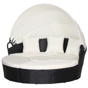 Outsunny 5 Piece Cushioned Outdoor Plastic Rattan Wicker Round Sofa Bed Coffee Table Sectional Patio Conversation Furniture Set - Black
