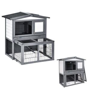 PawHut 2 Tier Wooden Rabbit Hutch Small Animal Cage Slide Out Tray Ramp Outdoor Run Openable Roof Grey 101.5 x 90 x 100 cm