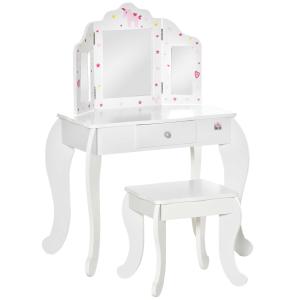 HOMCOM Kids Vanity Table & Stool Girls Dressing Set Make Up Desk Chair Dresser Play Set with Rotatable Mirrors Drawer Star & Heart Pattern White