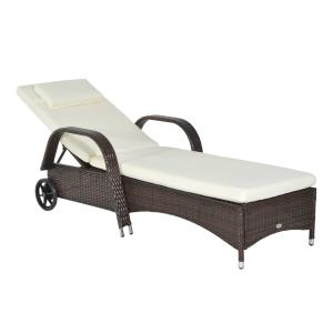 Outsunny Garden Rattan Furniture Single Sun Lounger Recliner Bed Reclining Chair Patio Outdoor Wicker Weave Adjustable Headrest with Fire Retardant Cushion - Brown
