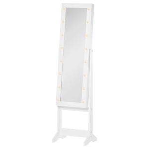 HOMCOM Espejo Joyero de Pie Armario de Joyería con 16 Luces LED y Ángulo Ajustable Organizador de Joyas con Estantes Ranuras para Anillos 36x30x136 cm Blanco