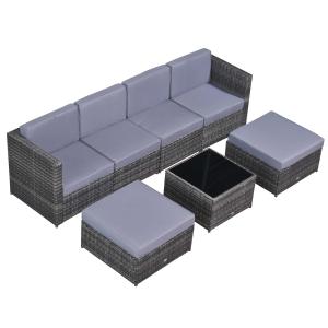 Outsunny Outdoor patio chat bistro set 6 seater glass top side coffee table thick padding cushions seats weather fade resistant and waterproof PE rattan wicker