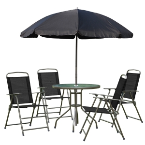 Outsunny Conjunto de Móveis de Jardim 6 Peças com 4 Cadeiras Dobráveis 1 Mesa com Bancada de Vidro e 1 Chapéu de Sol para Terraço Exterior Preto