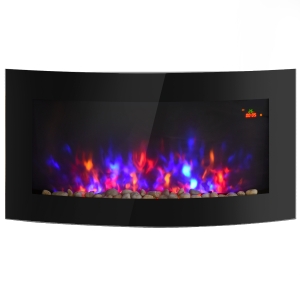 HomCom Lareira Eléctrica com Aquecimento e chama LED decorativa - Aço Inoxidável - Cor: Preto - 65x11,4x52 cm