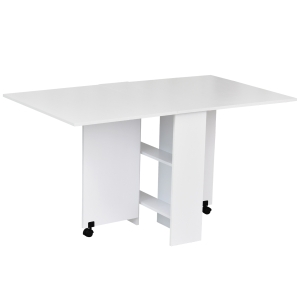 HOMCOM Mesa de Sala de Jantar Dobrável Mesa de Madeira com 2 Prateleiras de Armazenamento e Rodas para Cozinha 80x140x74 cm Branco