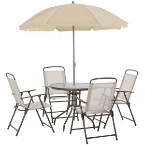 Outsunny Conjunto de Móveis de Jardim 6 Peças com 4 Cadeiras Dobráveis 1 Mesa com Bancada de Vidro e 1 Chapéu de Sol para Terraço Exterior Bege