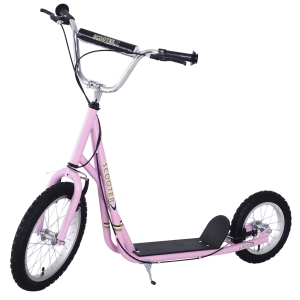 HOMCOM Trotinete para Crianças acima de 5 anos Scooter de 2 Rodas Grandes com Duplo Freio e Guidão Ajustável em Altura Adolecentes Adultos 125x58x92-100cm Rosa