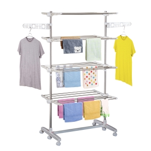HOMCOM Estendal de Roupa Dobrável 80x55x172cm com 6 Rodas e 4 Prateleiras com Altura Ajustável de Aço Inoxidável Prateado