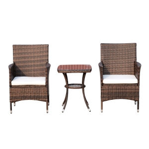 Outsunny Conjunto de 1 Mesa 2 Cadeiras Rattan para Jardim com almofada Estrutura Metal Cor Castanho