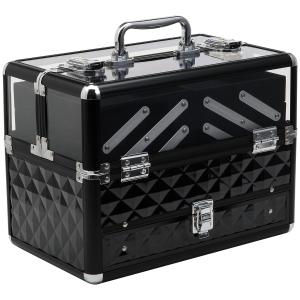 HOMCOM Estojo de maquiagem ou jóias Organizador de cosméticos portátil Com alça e bandejas 30x18,5x22 cm cor Transparente e preto