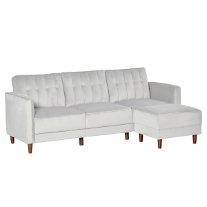 HOMCOM Sofá Cama com Chaise Longue de 3 Lugares Tato Aveludado com Encosto Ajustável e Apoio para os Pés Móvel 218x85x86cm Cinza Claro