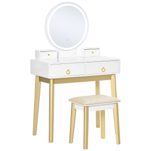 HOMCOM Toucador com Espelho com Luz LED e Banco Conjunto de Mesa de Maquilhagem com 4 Gavetas de Armazenamento para Dormitório 80x40x133cm Branco