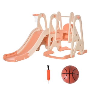HOMCOM Baloiço e Escorrega para Crianças acima de 18 Meses Cesta de Basquetebol 3 em 1 com Assento Ajustável Parque Infantil Interior e Exterior 158x117x97cm Coral