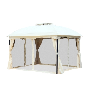 Outsunny Pérgola Exterior 3x3.65x2.82m de Jardim Marco de Ferro com Parede Lateral e Mosquiteira Cor Creme