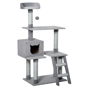 PawHut Árvore Arranhadora para Gatos Torre de Escalada com Plataformas Escada Caverna Postes de Juta e Bola Suspensa 60,5x40x124cm Cinza