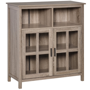 HOMCOM Aparador de Cozinha Armário Buffet com 2 Portas de Vidro e 2 Compartimentos Abertos Móvel Auxiliar de Armazenamento para Sala de Jantar Sala de Estar 90x40x100cm Carvalho