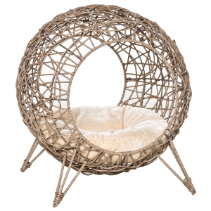 PawHut Cama Caverna de vime para Gatos Cesta para Animais de Estimação Pequenos com Base Tripé Almofada Suave 2 Entradas Desenho Elevado Ø50x56cm Caverna Marrom e Almofada Bege