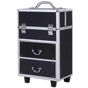 HOMCOM Estojo profissional portátil de maquiagem com 6 gavetas extensíveis, fechadura, rodas e alça retrátil 36x23x58 cm preto