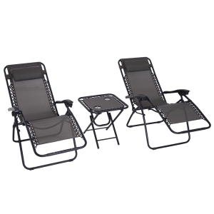 Outsunny Conjunto de 1 Mesa e 2 Espreguiçadeiras Conjunto de Exterior Dobrável e Portátil para Jardim Praia Relaxante com Encosto Reclinável Textilene Aço Cinza