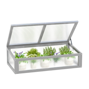 Outsunny Estufa de madeira natural e policarbonato 90x46x28 cm com tampa inclinada para plantas cinza