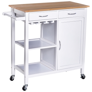 HOMCOM Carrinho de Cozinha Multiusos Carrinho Auxiliar com Rodas Prateleiras Armário e Gavetas para Cozinha 88,5x40x86cm Branco e Madeira Natural