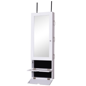 HOMCOM Espelho com Móvel de Bijuterias de Parede ou Porta Armário Porta Jóias com Altura Ajustável 2 Prateleiras Fechadas com Portas e Organizador de Jóias 35,5x9,5x102cm Branco