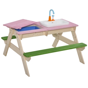 Outsunny Mesa de piquenique de madeira para crianças com jogos e bancos 14 Brinquedos de cozinha Caixa de areia Pia Uso ao ar livre 94x89x50,5 cm Multicolor