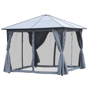 Outsunny Pérgola de jardim 3x3 m com telhado de policarbonato 4 cortinas laterais e 4 redes mosquiteiras com zíper de estrutura metálica Multicolor