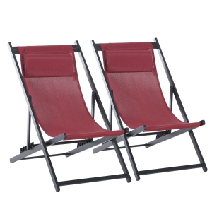 Outsunny Conjunto de 2 Espreguiçadeiras Dobráveis com Encosto Reclinável em 5 Posições e Apoio para a Cabeça Acolchoado 96,5x58x91,5cm Vinho