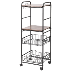 HOMCOM Carro de Cozinha com Rodas Carrinho Auxiliar de Armazenamento com 2 Prateleiras 2 Cestas Removíveis 4 Ganchos 40x38x111cm Nogueira e Preto