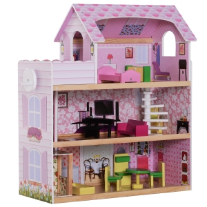 HOMCOM Casa de Bonecas com 13 peças Móveis Mobiliário Casita de Bonecas de Brincar Madeira 3 Pisos 60x30x71.5cm